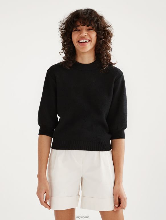 femmes noir Aigle pull à manches courtes avec maille décorative vêtements 2F486460