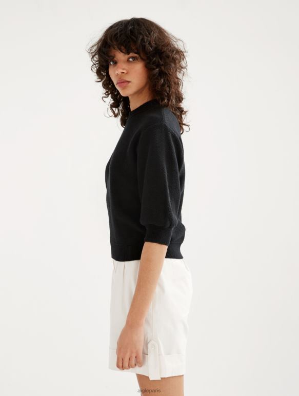 femmes noir Aigle pull à manches courtes avec maille décorative vêtements 2F486460