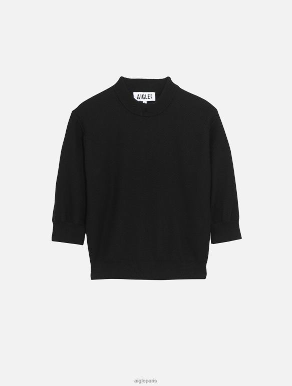 femmes noir Aigle pull à manches courtes avec maille décorative vêtements 2F486460