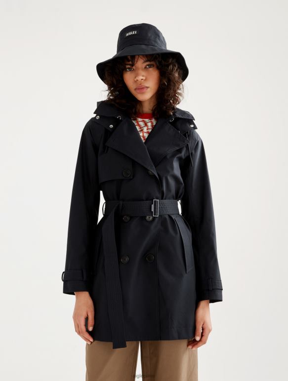 femmes noir Aigle trench-coat court en gore-tex à capuche amovible vêtements 2F486463
