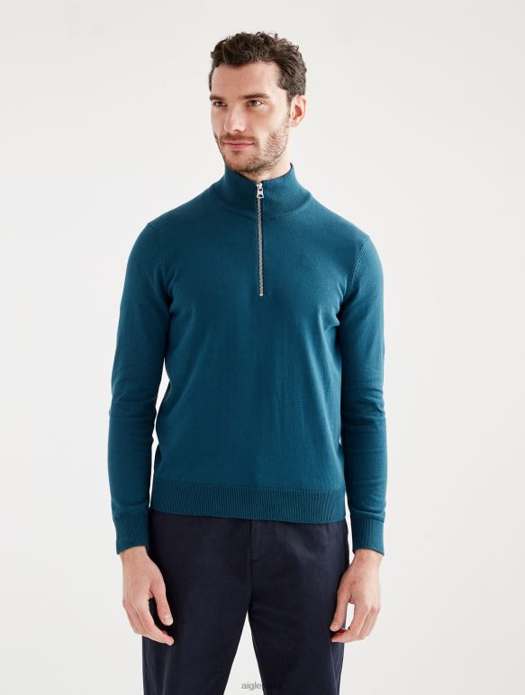 Hommes bleu orage Aigle pull col montant à demi-zip en jauge fine vêtements 2F48629