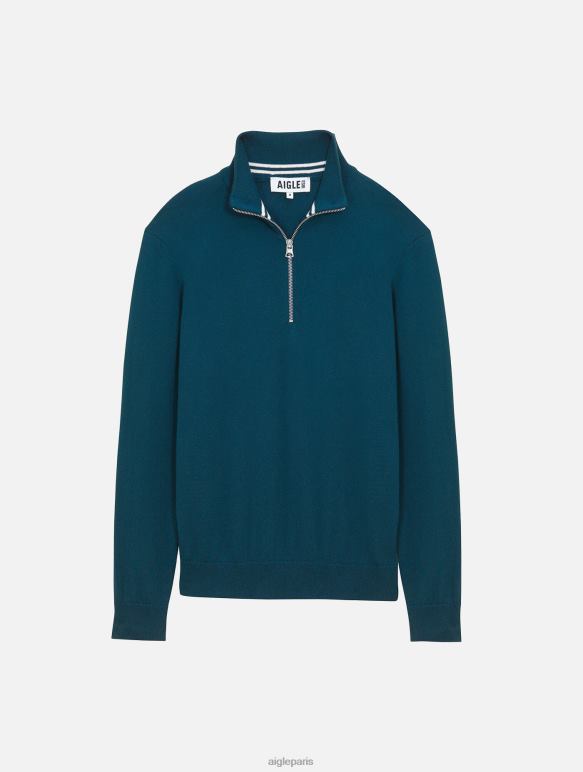 Hommes bleu orage Aigle pull col montant à demi-zip en jauge fine vêtements 2F48629