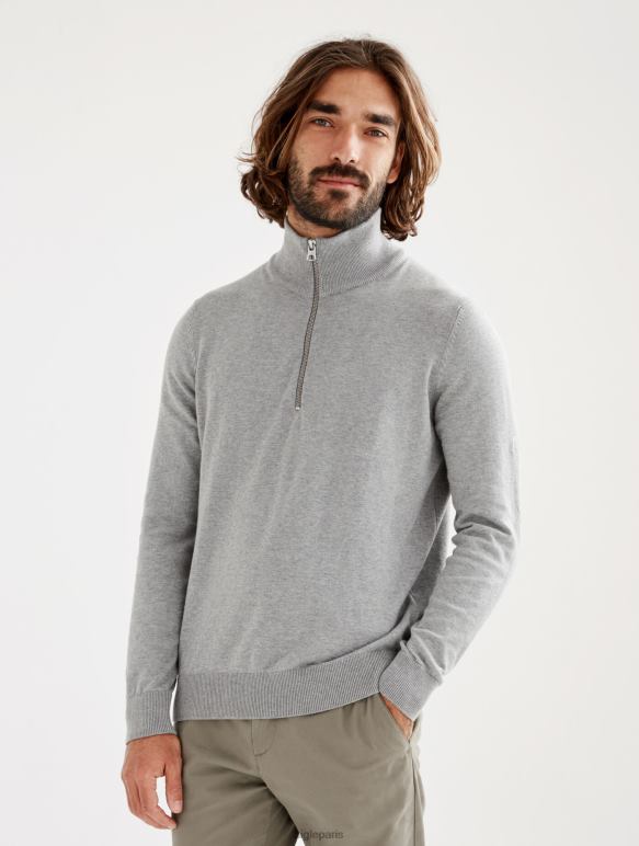 Hommes gris chiné Aigle pull col montant à demi-zip en jauge fine vêtements 2F486106