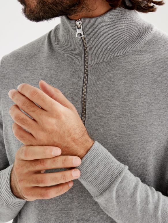 Hommes gris chiné Aigle pull col montant à demi-zip en jauge fine vêtements 2F486106