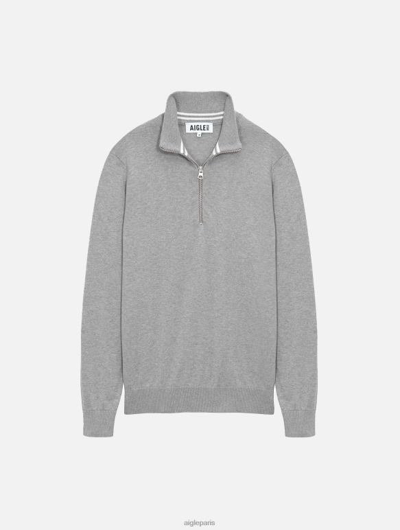 Hommes gris chiné Aigle pull col montant à demi-zip en jauge fine vêtements 2F486106
