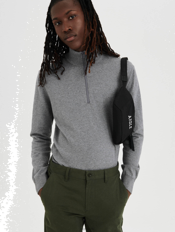 Hommes gris chiné Aigle pull col ouvert zippé en coton biologique vêtements 2F48645
