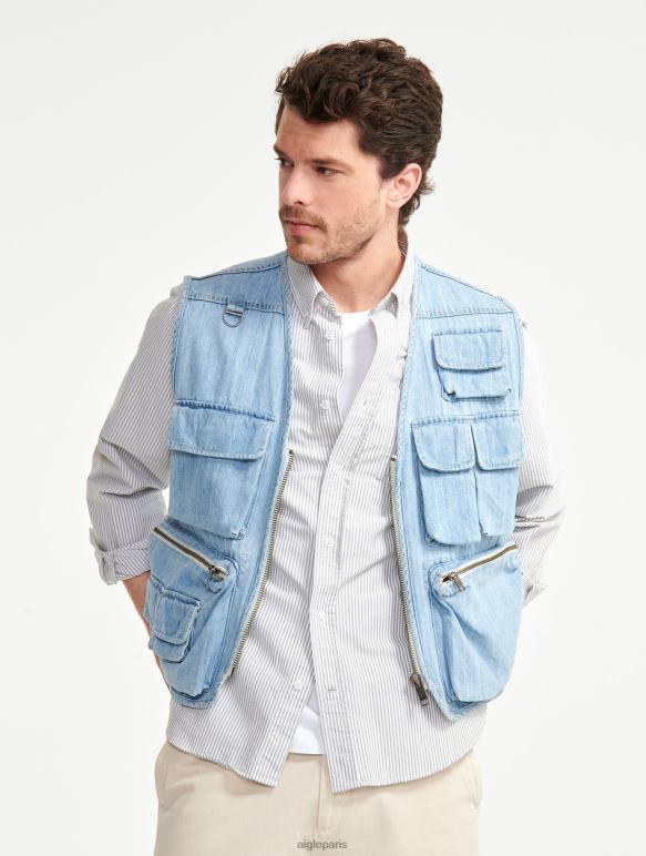 Hommes denim légèrement décoloré Aigle gilet court sans manches en jean vêtements 2F486188