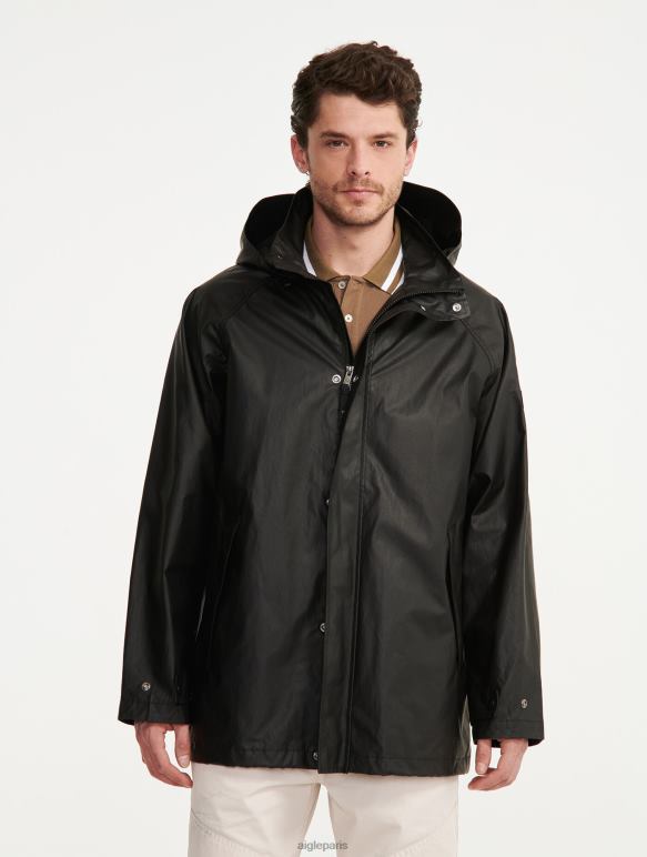 Hommes noir Aigle veste enduite mi-longue à capuche vêtements 2F486213