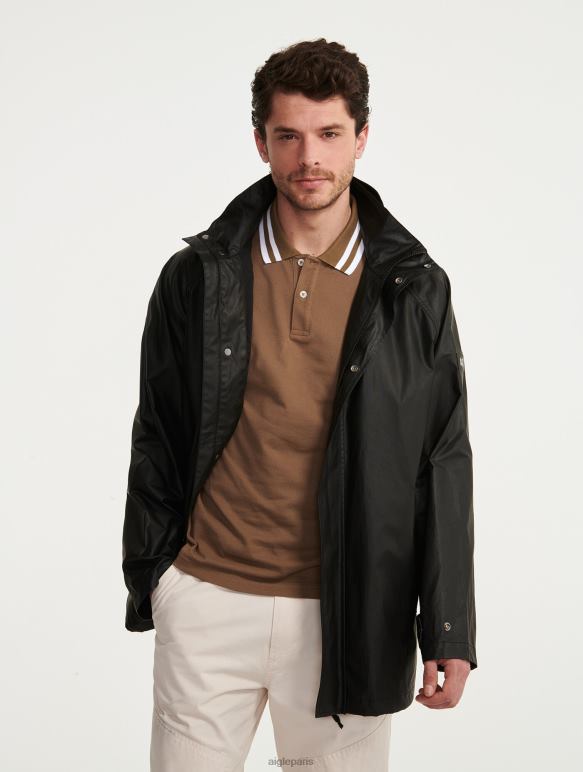 Hommes noir Aigle veste enduite mi-longue à capuche vêtements 2F486213