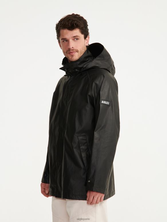Hommes noir Aigle veste enduite mi-longue à capuche vêtements 2F486213