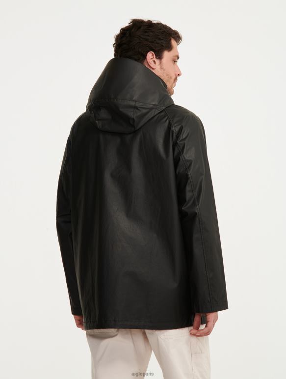 Hommes noir Aigle veste enduite mi-longue à capuche vêtements 2F486213
