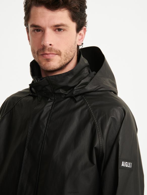 Hommes noir Aigle veste enduite mi-longue à capuche vêtements 2F486213