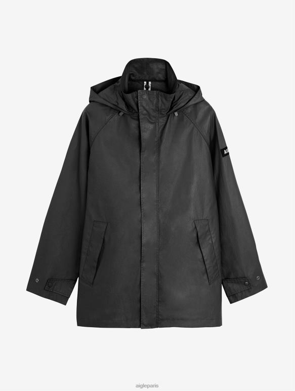 Hommes noir Aigle veste enduite mi-longue à capuche vêtements 2F486213