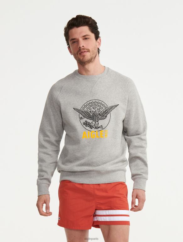 Hommes gris chiné clair Aigle sweat-shirt à col rond brodé vêtements 2F48682
