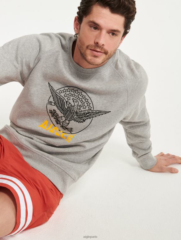 Hommes gris chiné clair Aigle sweat-shirt à col rond brodé vêtements 2F48682